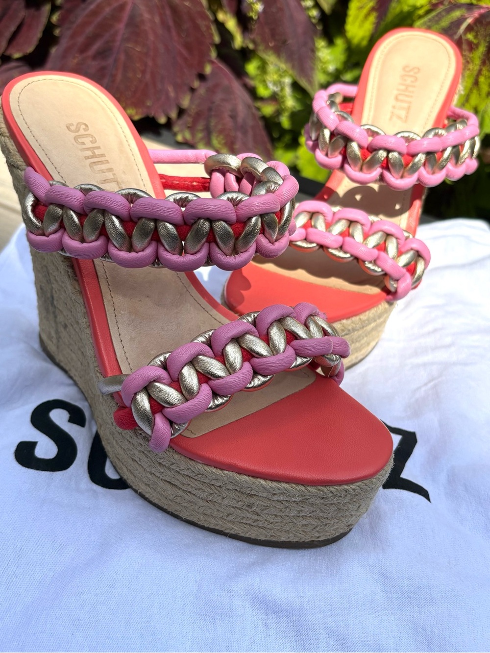 SCHUTZ Coral and Pink Braided Chain Espadrille Wedge Sandals